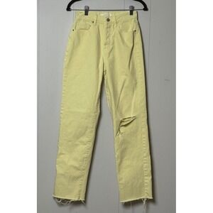 PacSun Women's High Waisted Straight Leg Jeans Pale Yellow Distressed Knee Sz 25